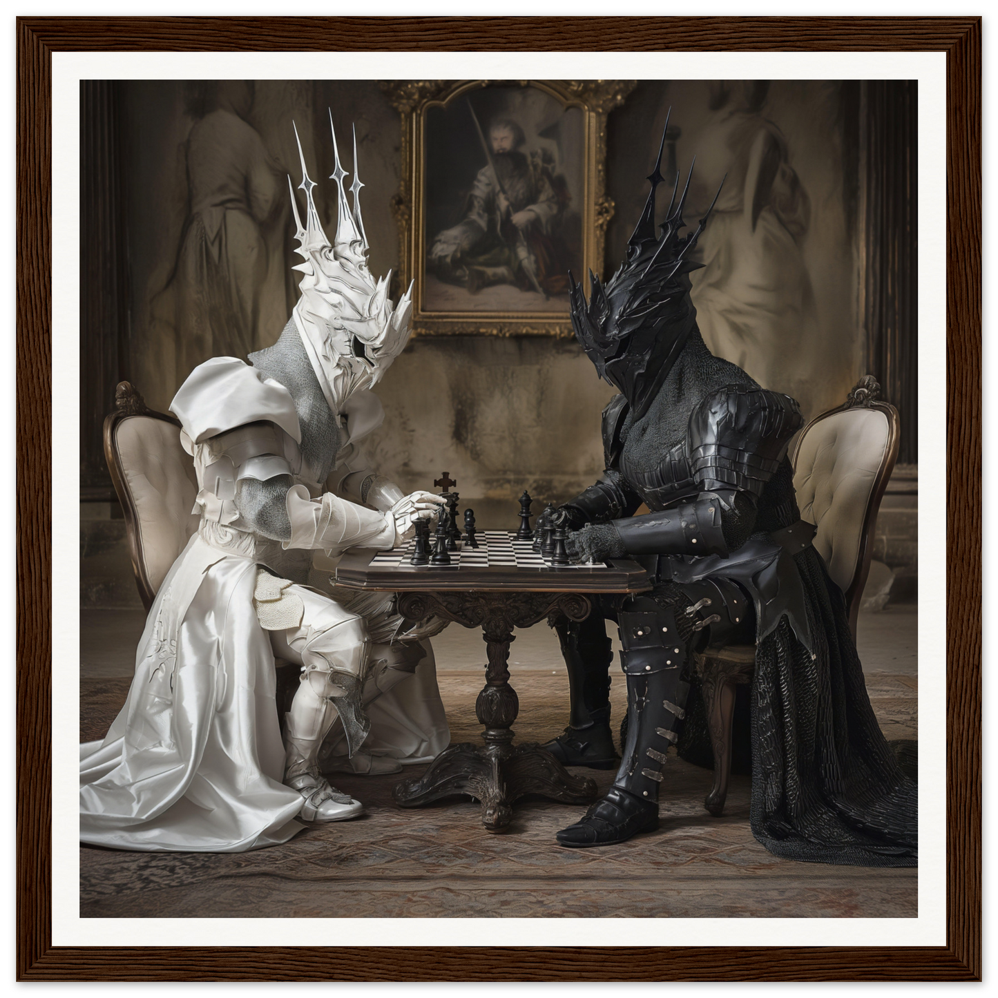 Armored figures in black and white play chess in Knights’ Cerebral Ballet framed posters