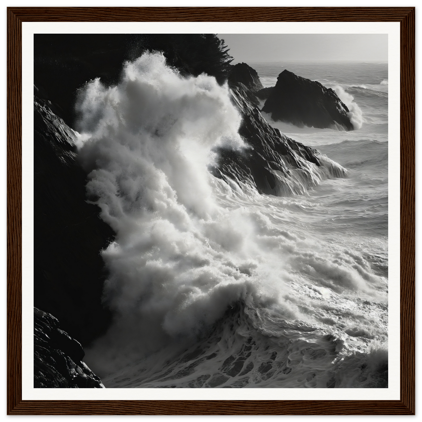 Powerful ocean waves crash against rocky cliffs in this Livid Sea Symphony seascape framed poster