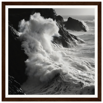 Powerful ocean waves crash against rocky cliffs in this Livid Sea Symphony seascape framed poster