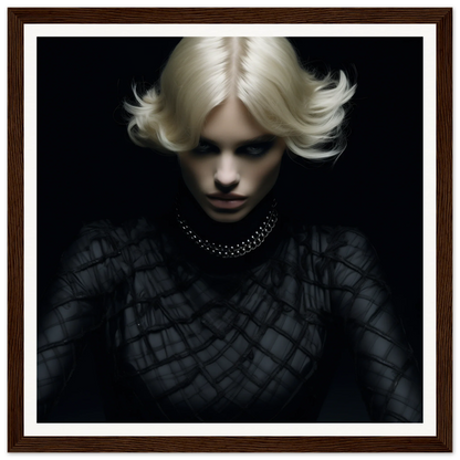 Dramatic portrait in Luminous Gothic Whispers with platinum blonde hair and black mesh top