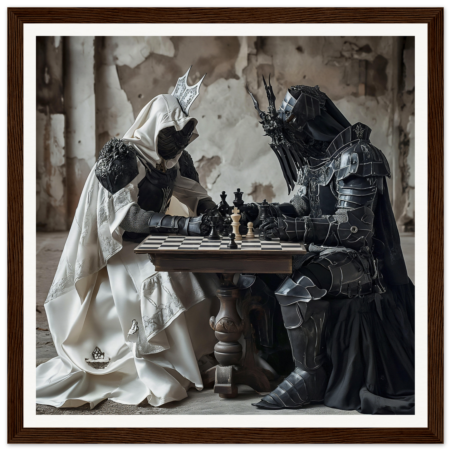 Two armored figures engaged in chess at a table from Mind’s Naissance Battle special edition art™