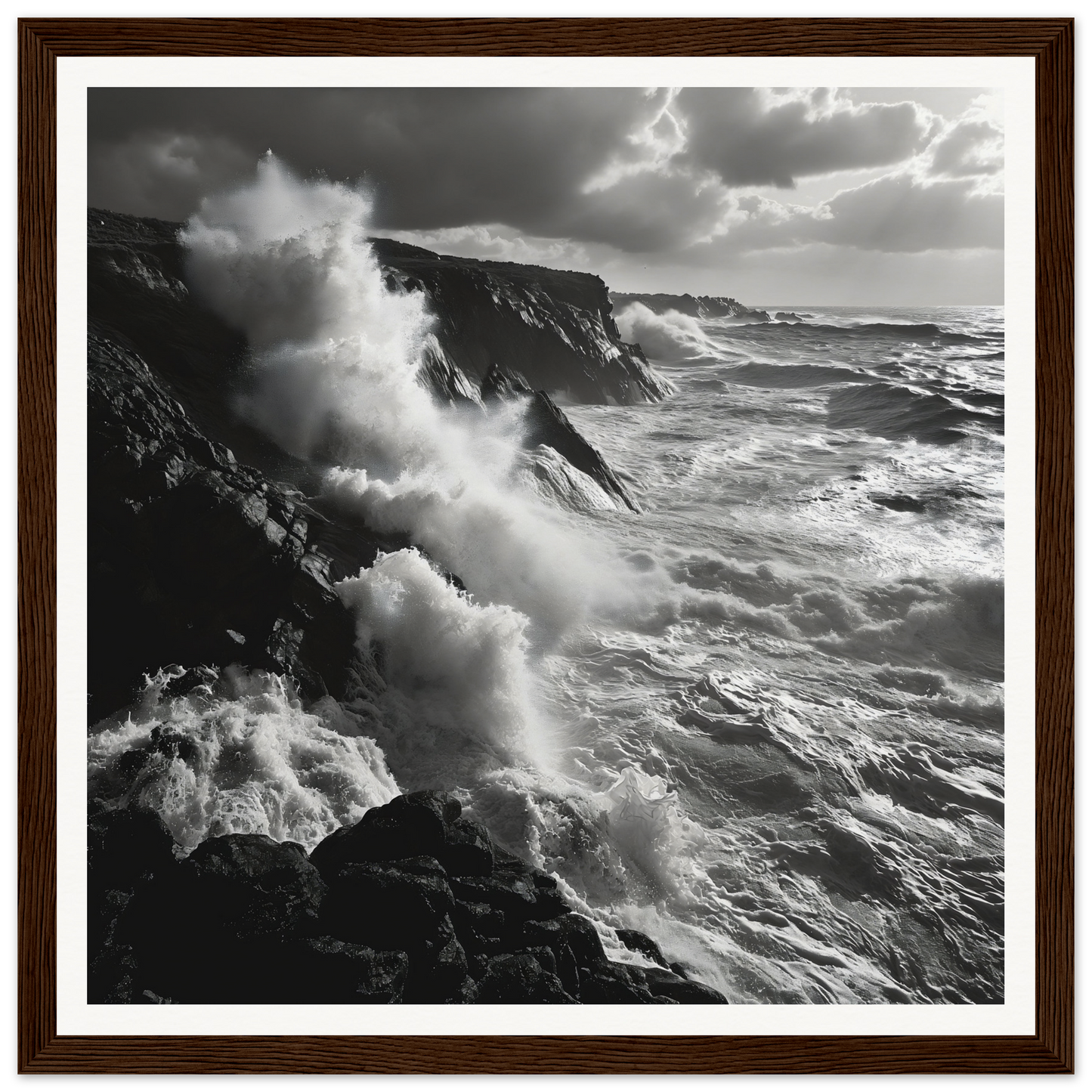 Powerful ocean waves crash on cliffs in Mystic Tempest Waltz framed poster art