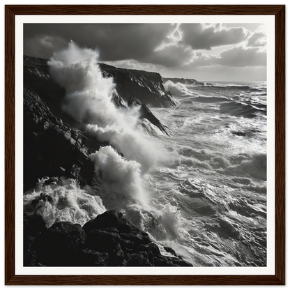 Powerful ocean waves crash on cliffs in Mystic Tempest Waltz framed poster art