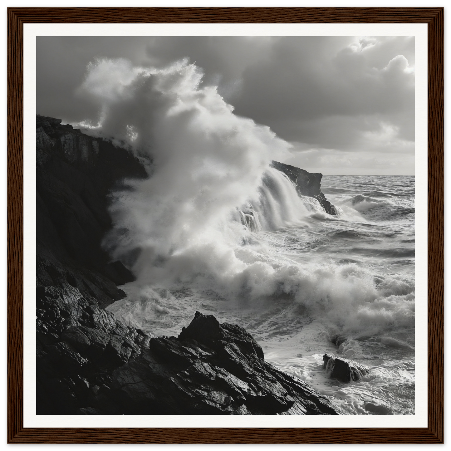 Powerful ocean waves crash against rocky cliffs in Nature’s Whispered Conquest special edition art™