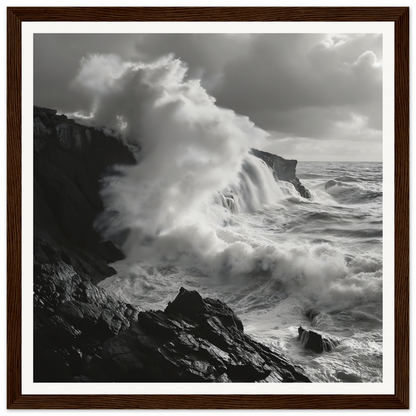 Powerful ocean waves crash against rocky cliffs in Nature’s Whispered Conquest special edition art™