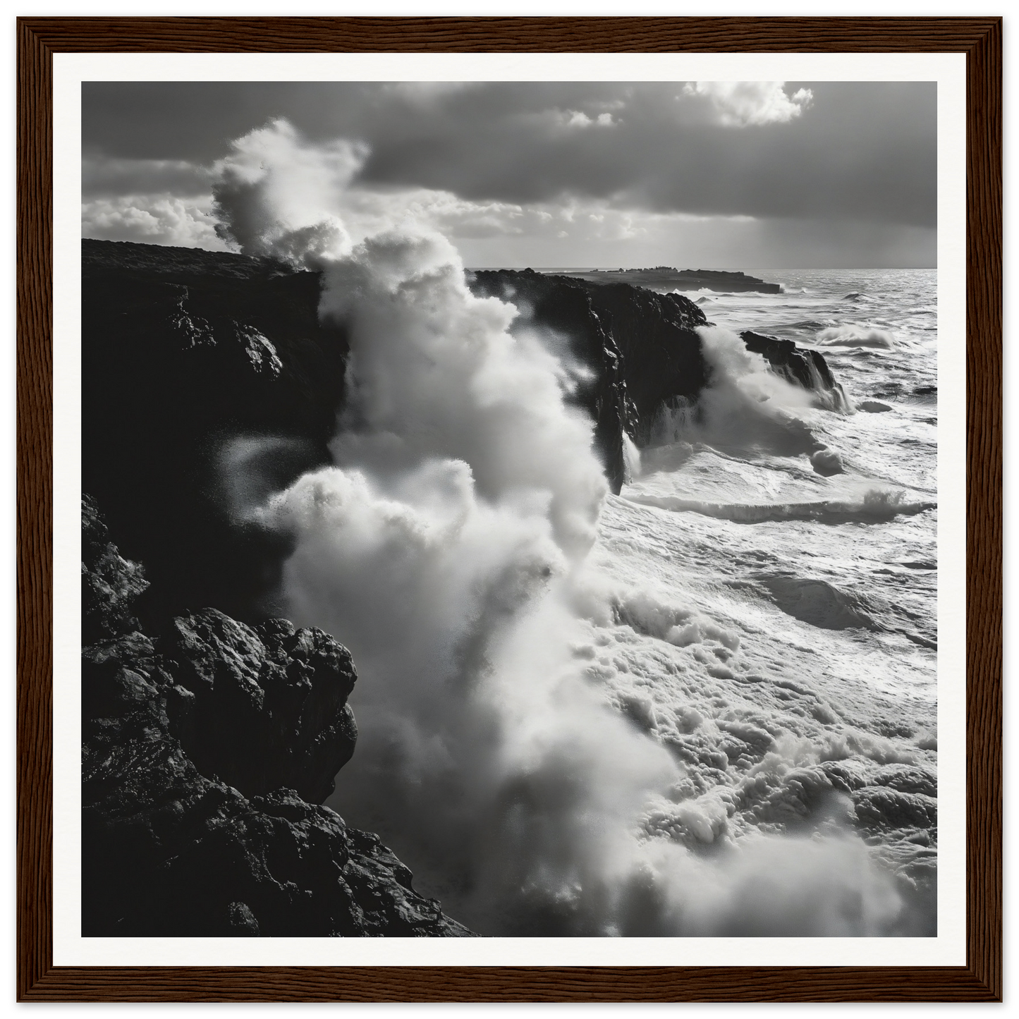 Dramatic ocean waves crashing on cliffs in Ocean Roars Symphony framed poster