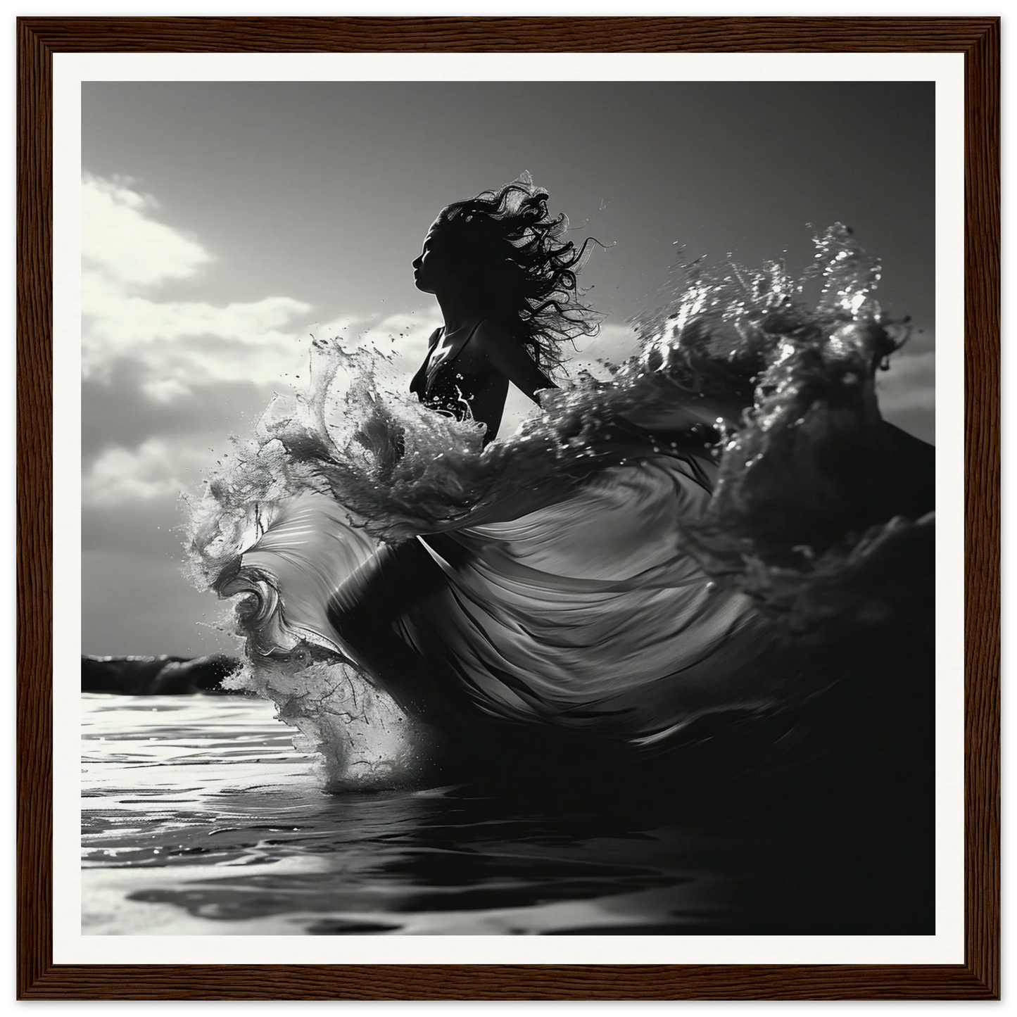 Dramatic ocean wave splashing under dark skies in Ocean’s Dancer Serenity art