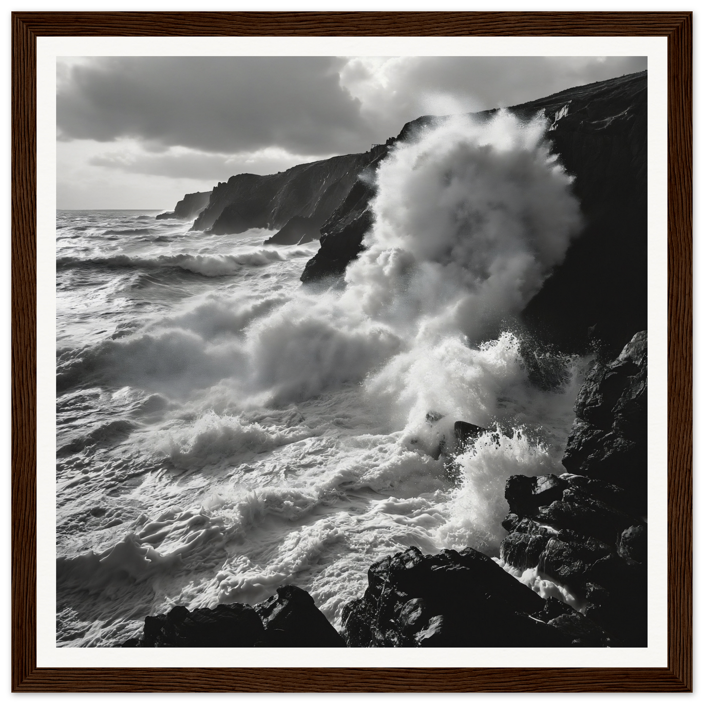 Powerful waves crash on cliffs in black and white for Ocean’s Untamed Poems special edition art™