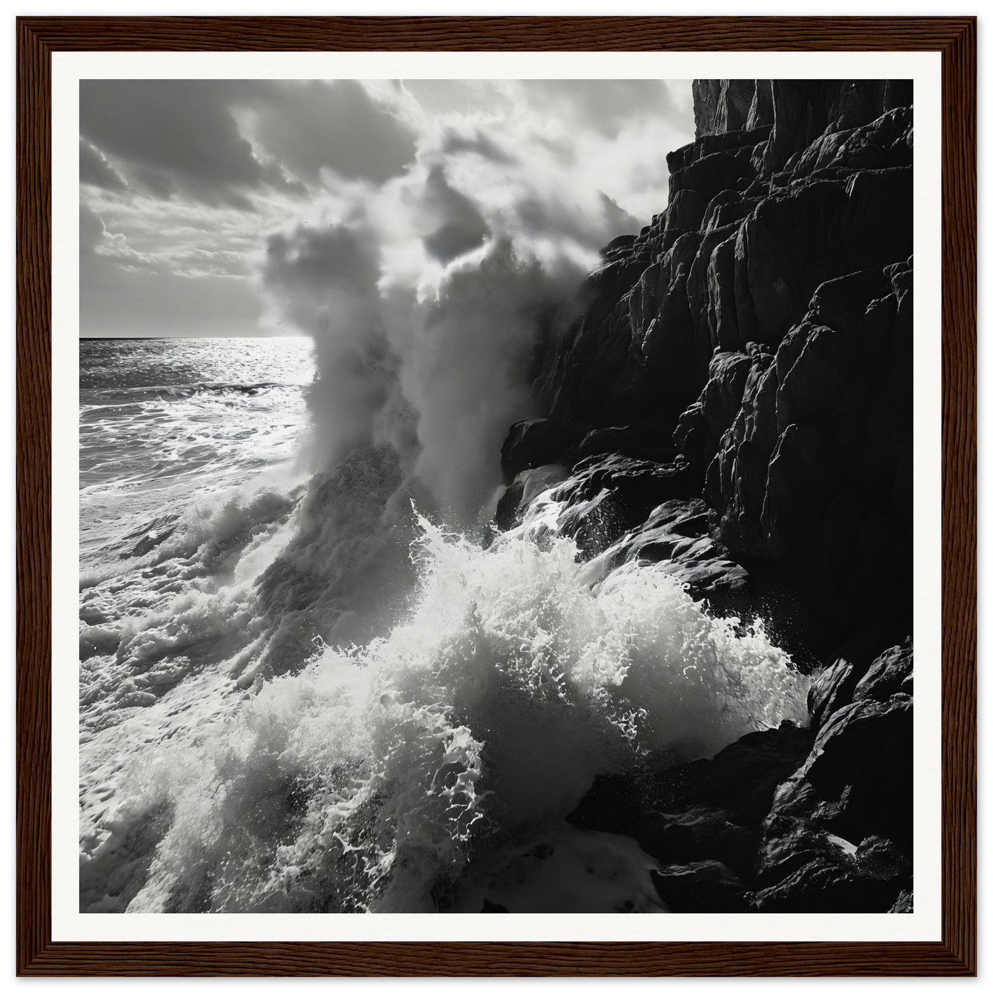 Powerful ocean waves crash on dark cliffs in Ocean’s Unyielding Fury art print