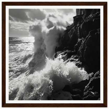 Powerful ocean waves crash on dark cliffs in Ocean’s Unyielding Fury art print