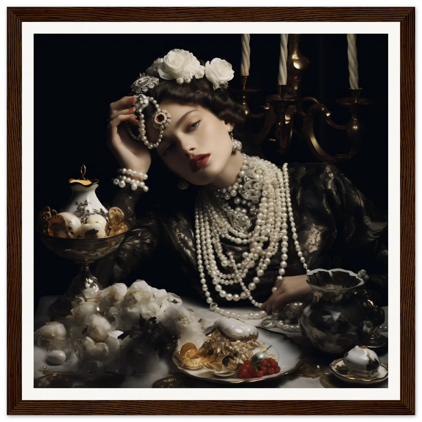 Dramatic vintage portrait with pearls and tea, part of Opulence’s Quiet Soul collection