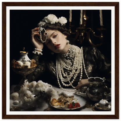 Dramatic vintage portrait with pearls and tea, part of Opulence’s Quiet Soul collection