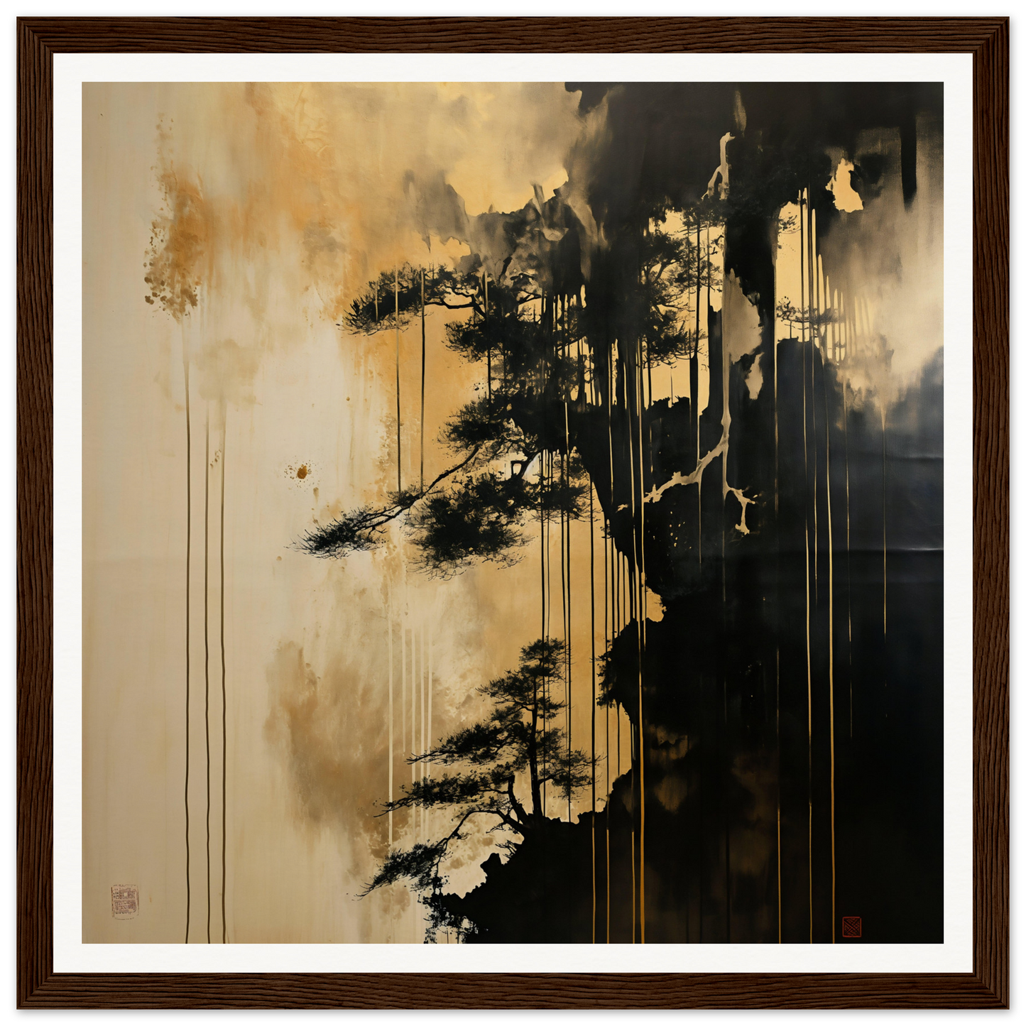 Dark silhouette of a pine tree with dripping paint in Pine Fog Reverie art piece