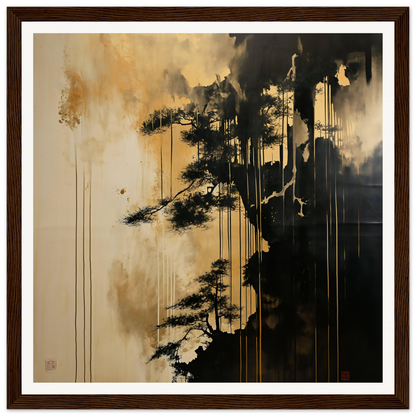 Dark silhouette of a pine tree with dripping paint in Pine Fog Reverie art piece