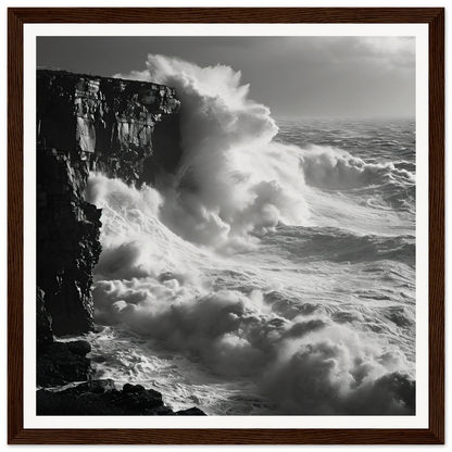 Powerful ocean waves crashing on cliffs, in the Relentless Ocean’s Ballet framed poster