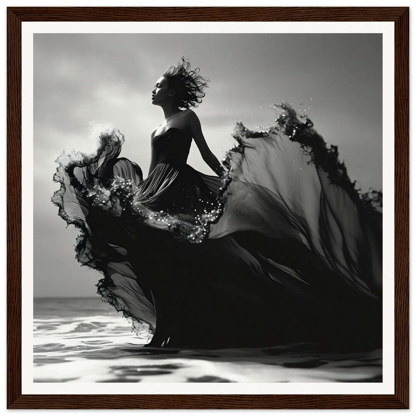 Silhouette in a flowing black dress dances, showcasing Sea Elegance Ascends art