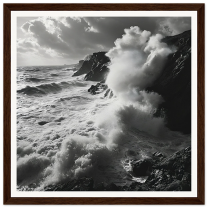 Powerful ocean waves crash against rocky cliffs in Sea’s Relentless Requiem art™