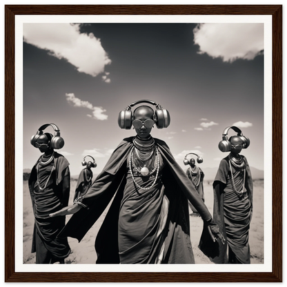 Five figures in traditional robes and modern headphones for Serengeti Space Odyssey