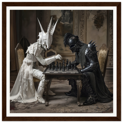 Two armored figures in black and white play chess in Serpentine Strategists Duel art