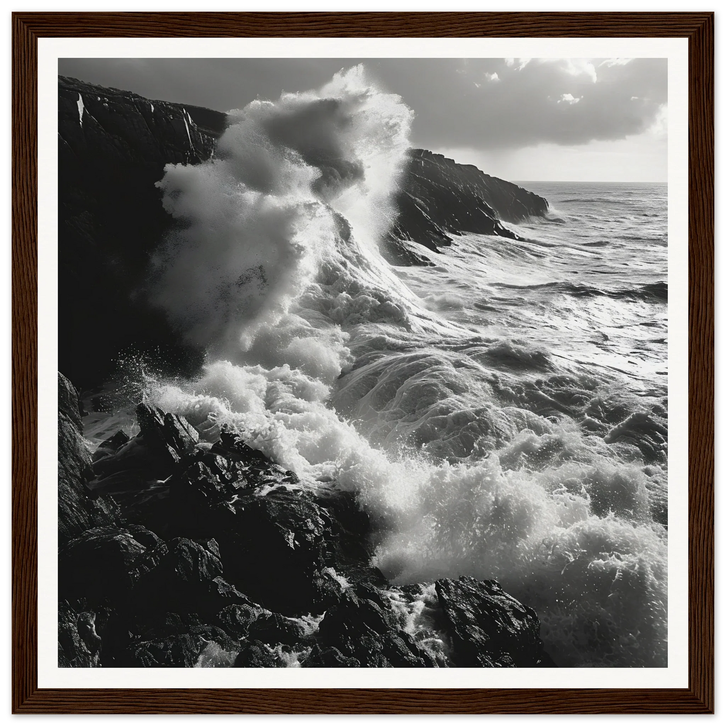 Powerful ocean waves crash against cliffs in Sinous Tidal Symphony art piece