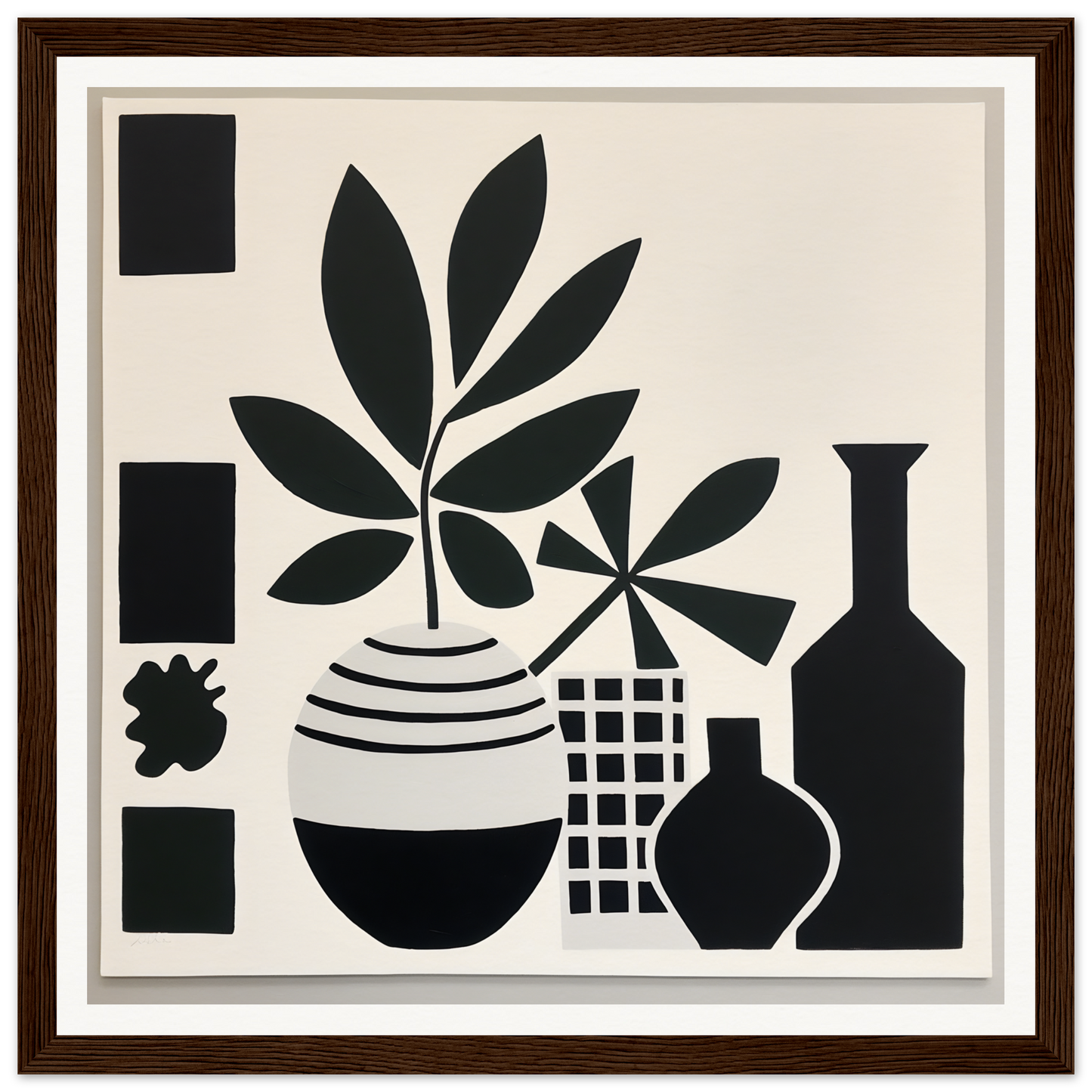 Black and white silhouette of potted plants in Soma Sonata Sleek minimalist framed art