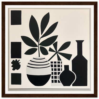 Black and white silhouette of potted plants in Soma Sonata Sleek minimalist framed art