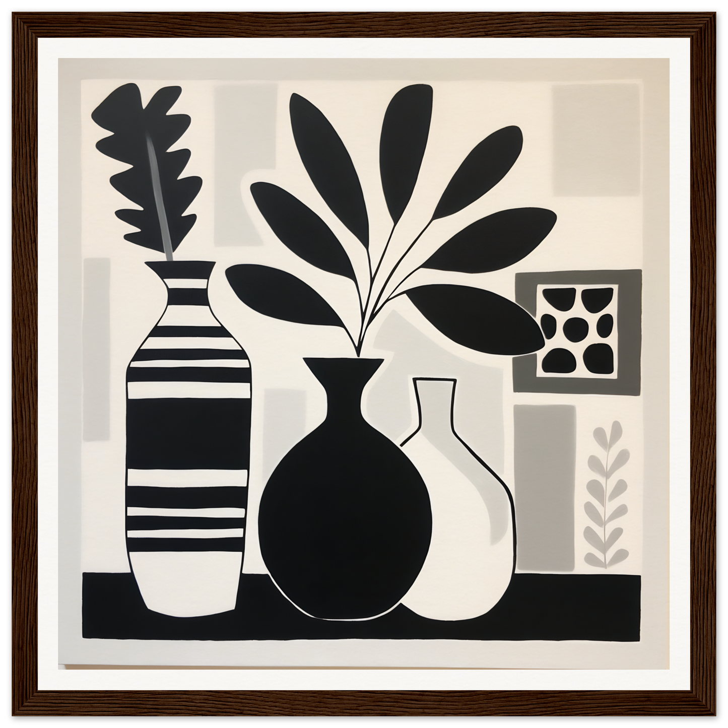 Three black and white vases with botanical designs from Stillness Serenade Meditations