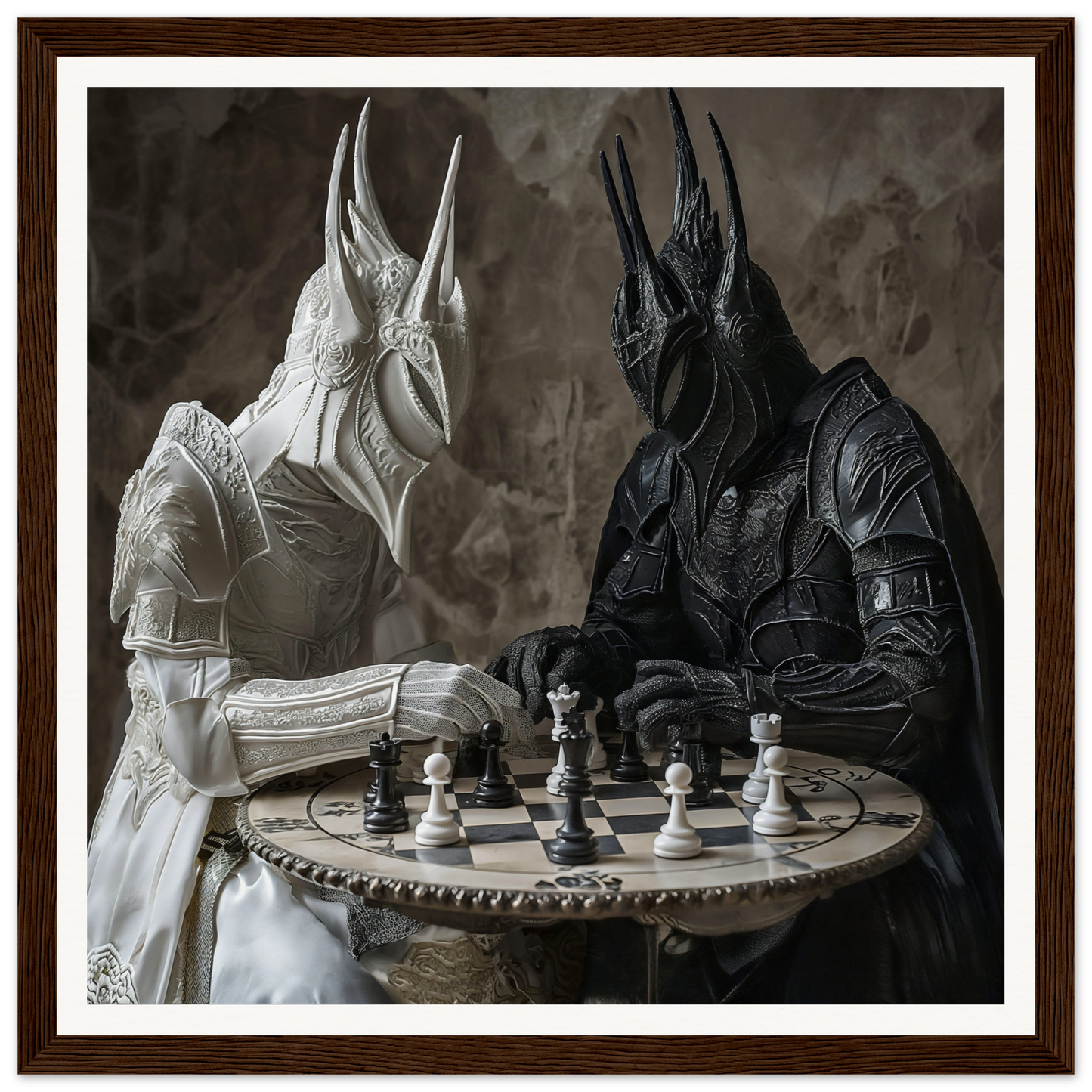 Two armored knights playing chess at a round table in Strategic Armor Delusion art