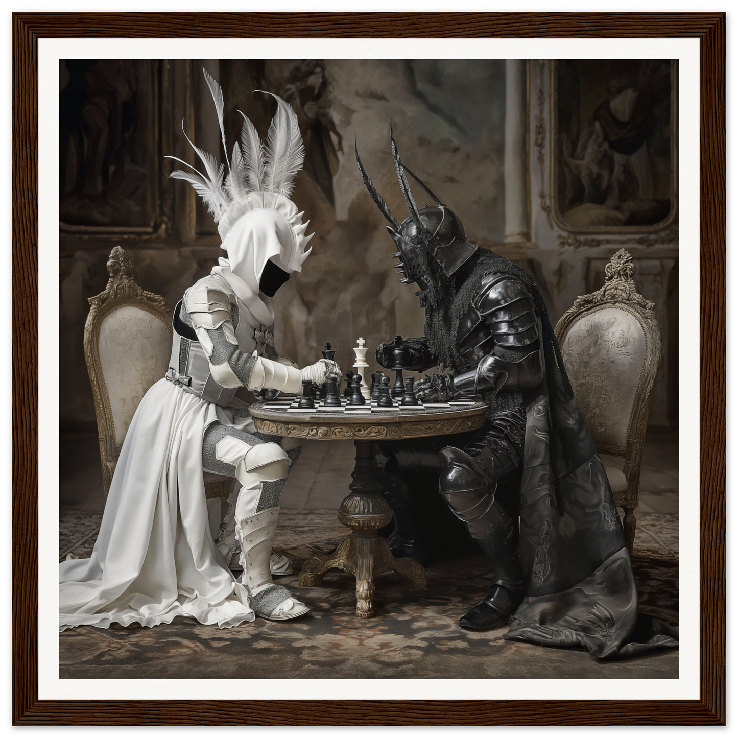 Two armored figures playing chess at an ornate table in Strategic Enigma Echoes