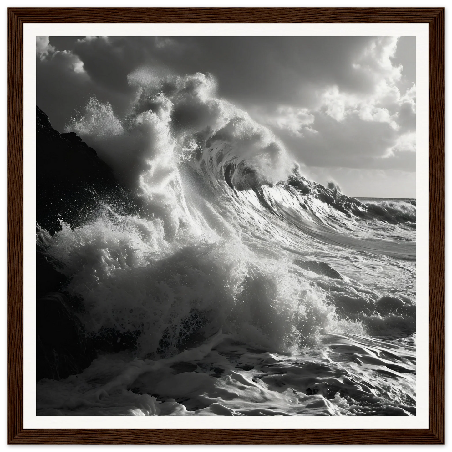 Powerful ocean wave crashing in black and white, part of Sublime Crest Odyssey art