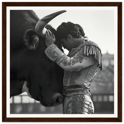 A matador in a fancy suit shares a moment with a bull in Sul T Toreador’s Reverie