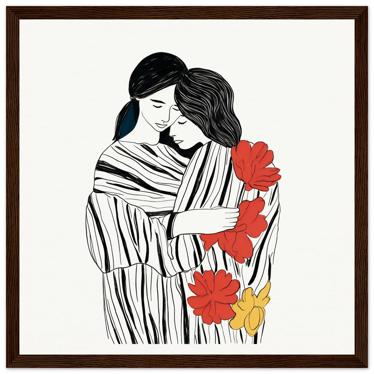 Line drawing of a tender embrace with vibrant flowers in Tender Embrace Symphony