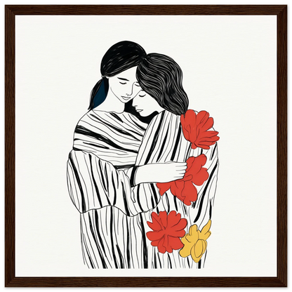 Line drawing of a tender embrace with vibrant flowers in Tender Embrace Symphony