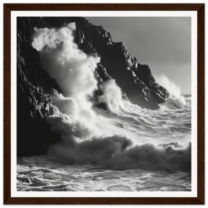 Powerful ocean waves crashing on rocky cliffs in Tidal Unfurl Dance framed wall art