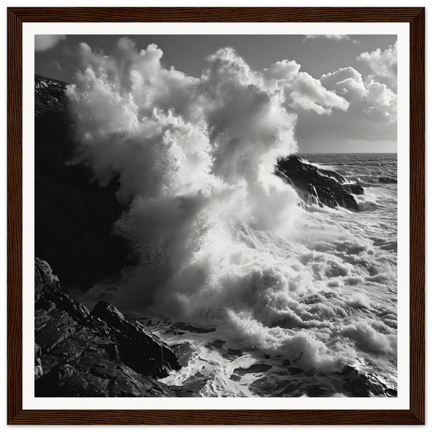 Powerful ocean waves crashing on cliffs in Tide’s Judgement Hour premium framed art