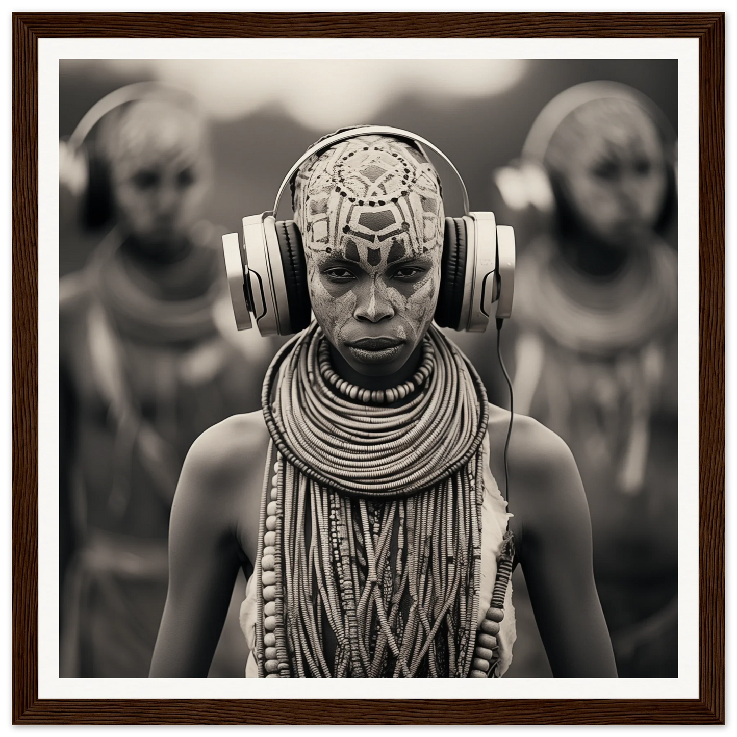 Black and white portrait of tribal member with necklaces and face paint in Tribal Signal Symphony