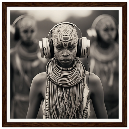 Black and white portrait of tribal member with necklaces and face paint in Tribal Signal Symphony