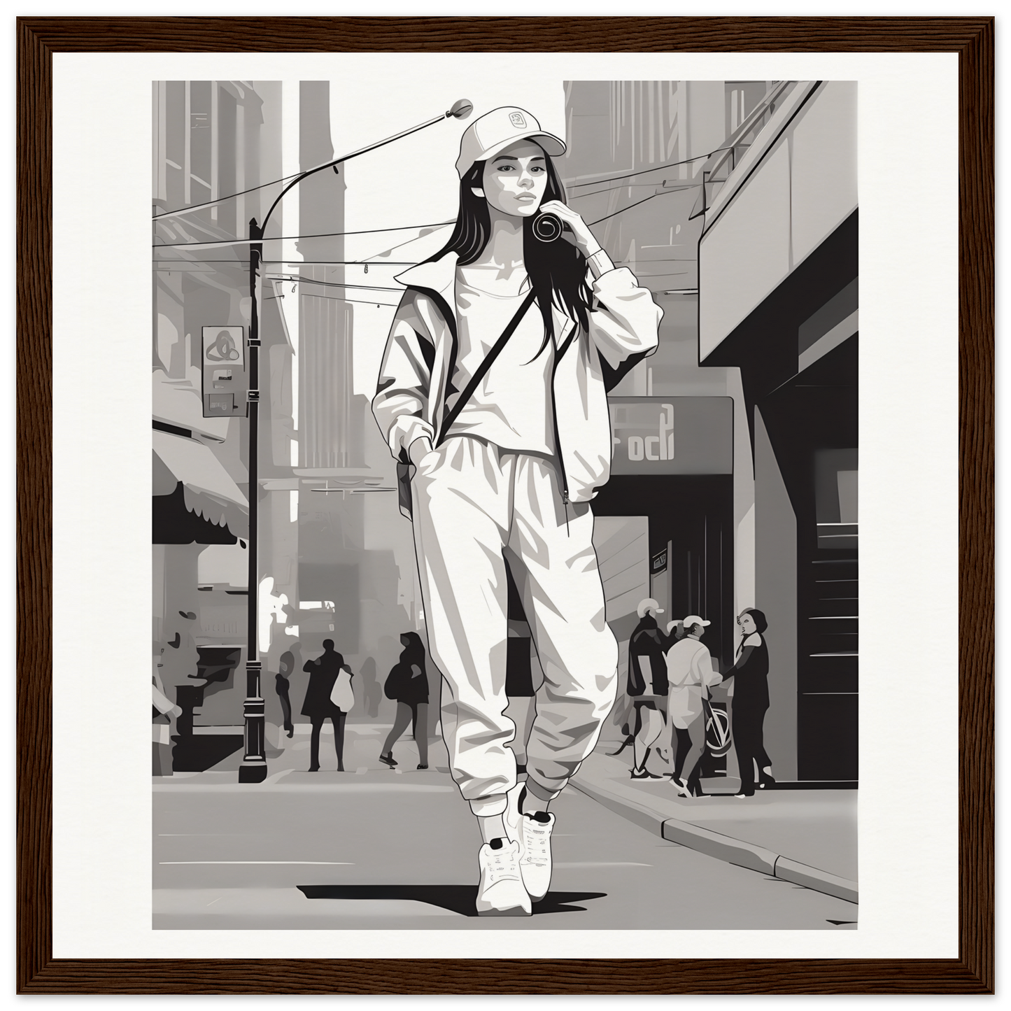 Black and white illustration of a casual streetwear vibe in Urban Dreamwalk Vogue special edition art™