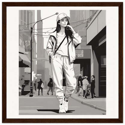 Black and white illustration of a casual streetwear vibe in Urban Dreamwalk Vogue special edition art™