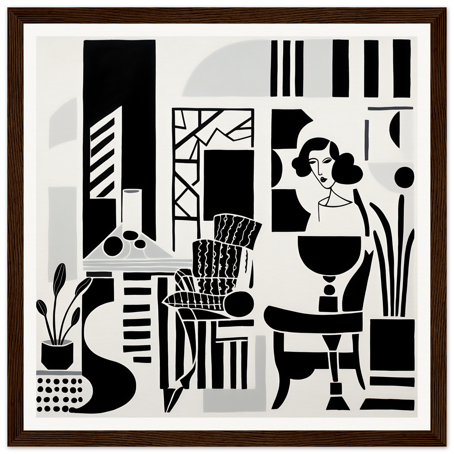 Black and white abstract interior art print from Urban Simba Masquerade on pine wood