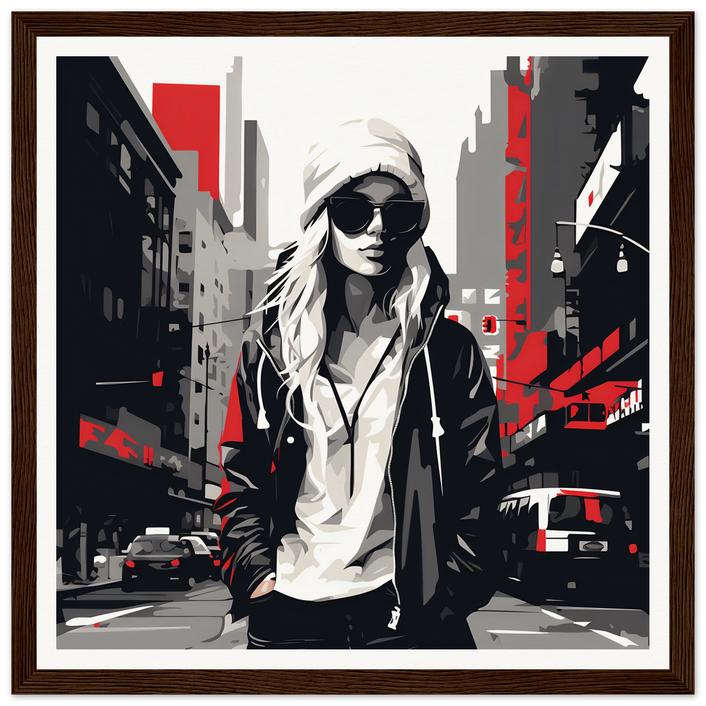 Stylized black and red artwork of a cool person in sunglasses for Urban Spirit Redux framed poster