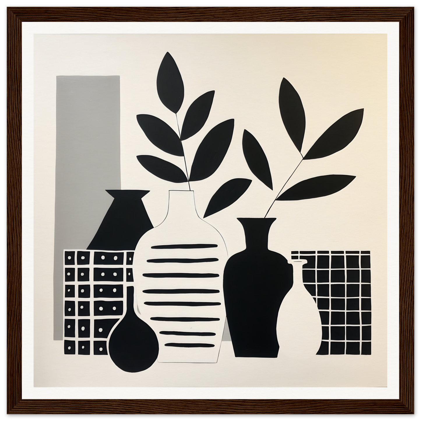 Stylish black and white Vase Symphony Zen artwork of vases with leaves and geometric patterns