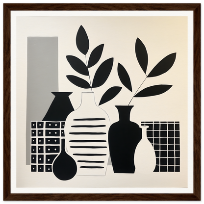 Stylish black and white Vase Symphony Zen artwork of vases with leaves and geometric patterns