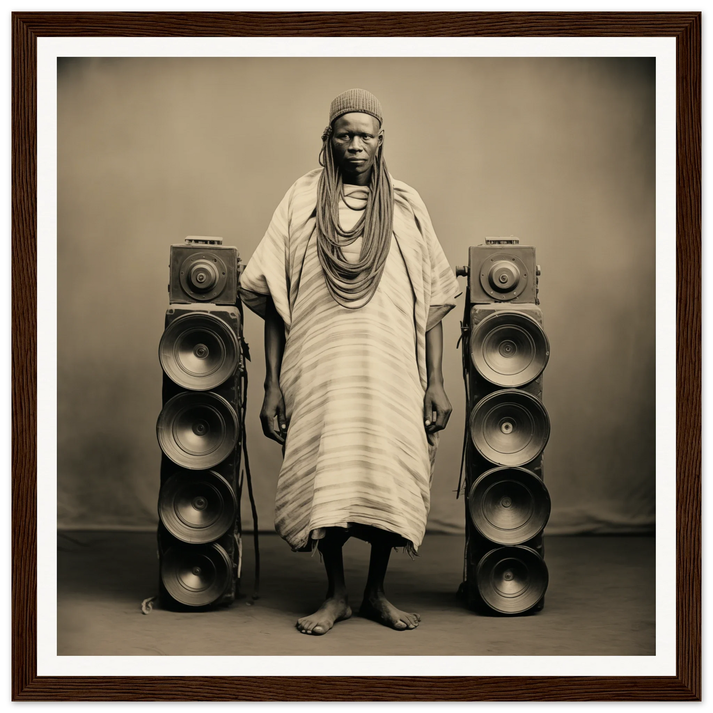 Person in traditional African dress with speakers in Voices Amid Pixels special edition art