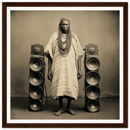 Person in traditional African dress with speakers in Voices Amid Pixels special edition art