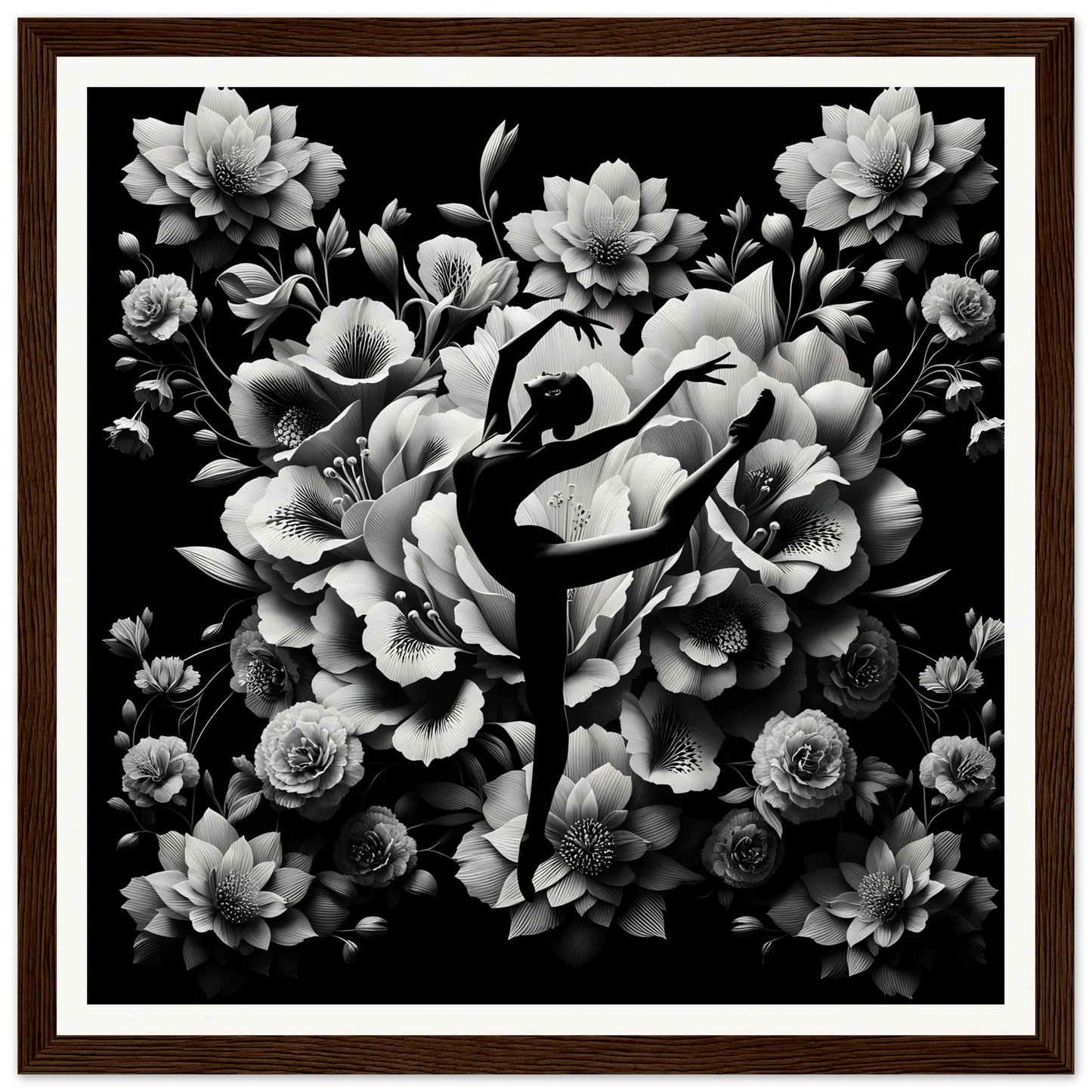 Silhouetted ballet dancer in arabesque pose with flowers for Waltzing Bloom Synthesis framed poster