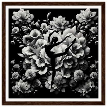 Silhouetted ballet dancer in arabesque pose with flowers for Waltzing Bloom Synthesis framed poster