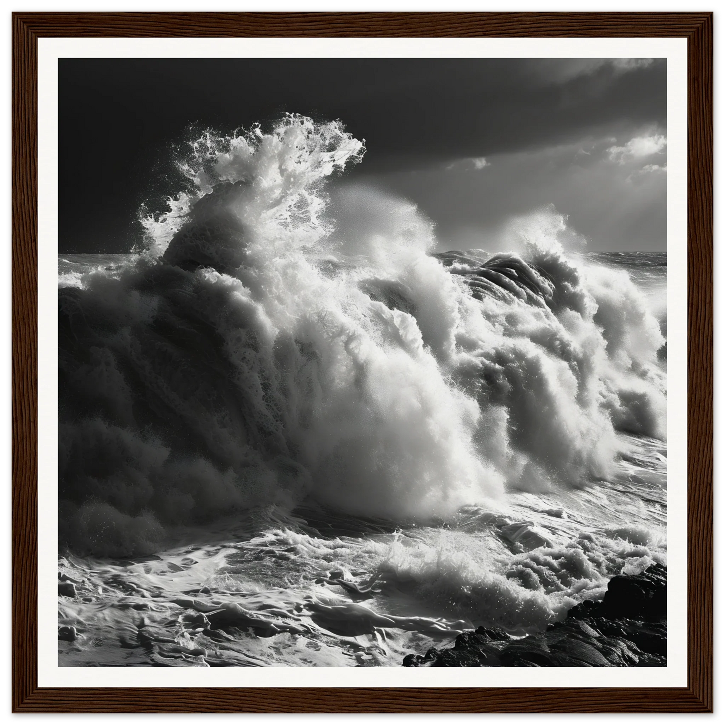 Powerful ocean wave crashing on rocks in Wave’s Celestial Rave special edition art™