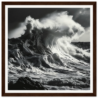 Ocean wave crashing on rocks in Wave’s Fury Howl framed wall art special edition