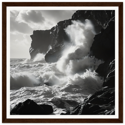 Dramatic black and white ocean waves crashing on cliffs from Waves’ Wild Gambit framed wall art